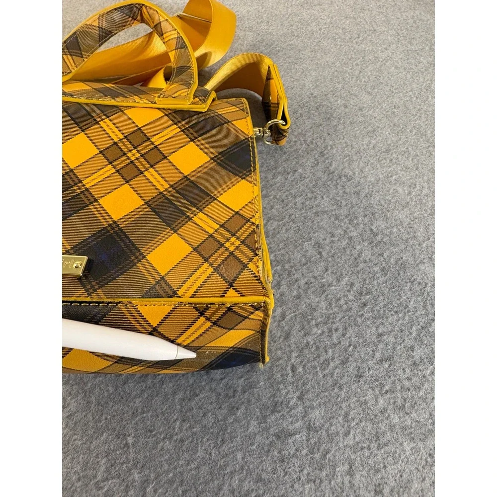 Yellow Plaid Crossbody Satchel Bag Gold Hardware Adjustable Strap Top Handle - Picture 13 of 16